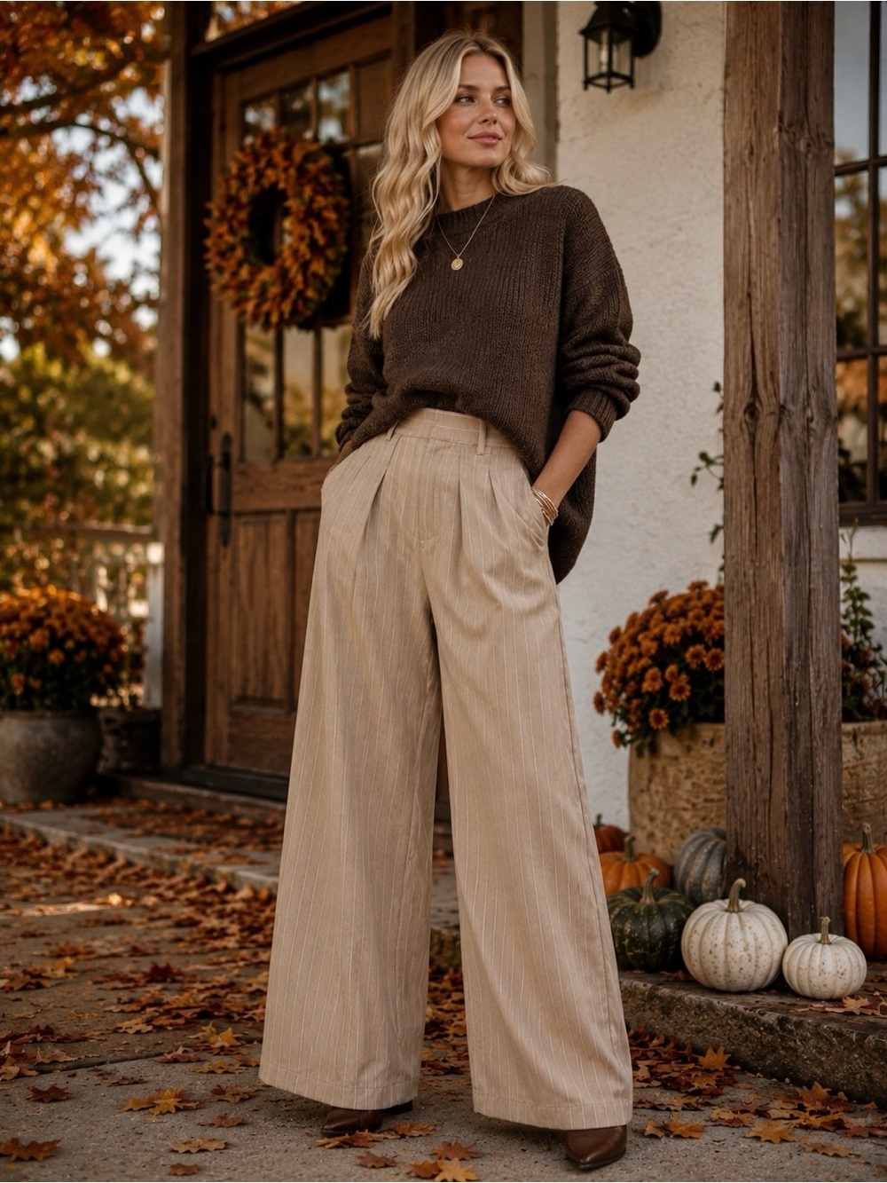 Wide-Leg High-Waist Pants in Beige - 698